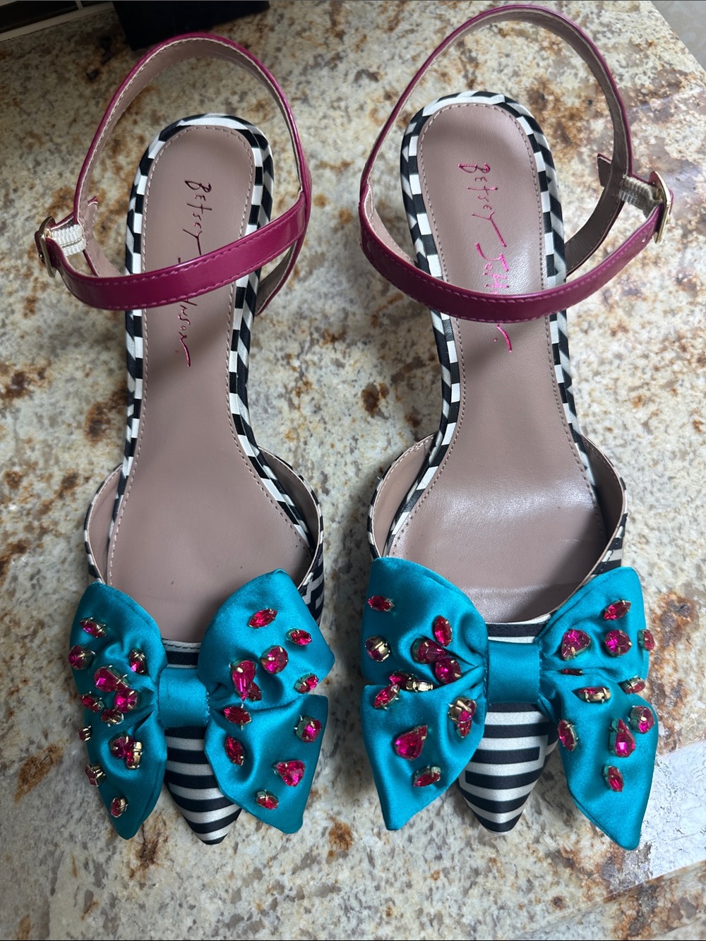 Betsey Johnson Turquoise Bow Gem Embellished Striped Heels